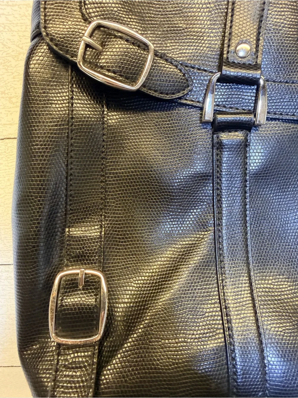 Diane Von Furstenberg Black Textured Leather Tote with Silver Buckles